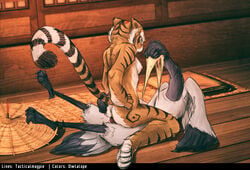 anthro ass avian beak bestiality bird black_feathers black_fur black_stripes blush breasts butt_grab claws cowgirl_position detailed_background duo eye_contact feathered_wings feathers feline female fur half-closed_eyes hand_on_butt hat inside interspecies kung_fu_panda lying male mammal master_crane master_tigress multicolored_fur nipples nude on_back on_ground on_top open_mouth orange_fur owlalope paws penetration penis pussy red_penis sex smile straight striped_fur striped_tail stripes tacticalmagpie tiger toe_claws vaginal_penetration white_feathers white_fur wings