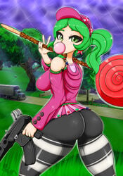 aitrellos ass baseball_cap blowing_bubblegum breasts bubblegum clothed curvy dat_ass earrings eyelashes eyeliner female female_only fortnite gesture grass green_eyes green_hair gun hat highres holding_weapon huge_ass human large_breasts leggings lollipop looking_at_viewer looking_back looking_over_shoulder miniskirt outdoors peppermint ranged_weapon screenshot_background sideboob skirt solo standing star_earrings striped_legwear sweater thick_thighs tight_clothes twintails v weapon zoey_(fortnite)