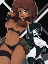 2girls afro areolae black_hair blue_eyes breasts brown_eyes brown_hair clothing dark-skinned_female dark_skin deadpool deadpool_2 domino_(marvel) domino_(zazie_beetz) female female_only fingerless_gloves gloves grenade gun hips homo_superior human large_areolae legwear leotard marvel marvel_comics multiple_girls mutant navel neena_thurman nipples slugbox spandex standing superheroine thick_thighs thigh_strap thighhighs thighs weapon white_skin x-force x-men zazie_beetz