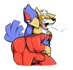 2018 anal anal_sex anthro avian beak bird black_nose blue_feathers bodysuit boot_(artist) bulge canine clothed clothing duo falco_lombardi feathers fox fox_mccloud fur hair jumpsuit male male_only mammal nintendo open_mouth penetration penis_outline sex shared_clothes simple_background star_fox teeth tight_clothing tongue tongue_out video_games white_background white_hair yaoi