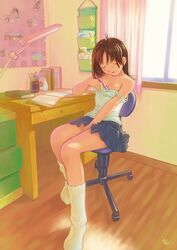 artist_name blush book breasts brown_hair camisole chair closed_eyes desk envelope feet female female fingering highres indoors kobayashi_yuji lamp masturbation mechanical_pencil nipple_tweak no_bra open_book original pencil self_fondle sitting skirt small_breasts socks solo strap_slip