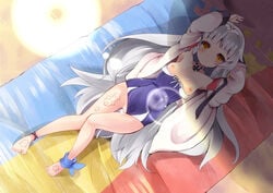 after_sex arms_up azur_lane blush breasts censored commentary_request cum cum_in_pussy grey_hair hat iron_cross jacket lens_flare long_hair looking_at_viewer lying shadow small_breasts straw_hat swimsuit takara_akihito tattoo yellow_eyes z46_(azur_lane)