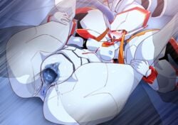 anus blush breasts censored color darling_in_the_franxx female horn mechanical medium_breasts mosaic_censoring on_back open_mouth orange_eyes pochincoff robot strelizia tongue