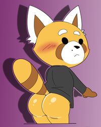 1boy aggressive_retsuko ambiguous_gender ass blush bottomless clothed clothing jerseydevil male_only mammal pants_down partially_clothed red_panda resasuke smooth_fur solo solo_male