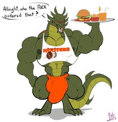 anthro armpit_hair ass beverage big_muscles bobthetanuki bulge burger butt_hair butt_shot clothing demon dragon english_text food fries fruit_juice hairy_butt hooters horn jackie_chan_adventures juice_(disambiguation) looking_at_viewer male male_only muscular navel orange_juice penis_outline red_eyes scalie shendu shirt slots solo tank_top text waiter