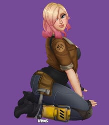 aphius arm_tattoo artist_name ass belt big_lips blonde_hair breasts clothed constructor_penny female female_only fingerless_gloves footwear fortnite fortnite:_save_the_world full_body gloves gradient_hair hair_over_one_eye half-closed_eyes hammer high_heel_boots high_heels highres huge_ass huge_breasts human jacket jeans kneeling large_breasts pants penny_(fortnite) pink_hair purple_background side_view sideboob smile solo tank_top tattoo tool_belt tools two_tone_hair vambraces