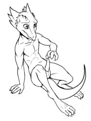 4_fingers 4_toes anthro black_and_white claws erection feet kobold line_art looking_at_penis looking_down male monochrome nude penis reptile scalie simple_background sitting solo spikes tapering_penis toes w4g4 white_background