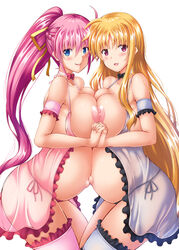 2girls areolae belly blonde_hair blue_eyes blue_panties blush breast_frottage breast_press breasts breasts_out breasts_to_breasts dress fate_testarossa female_only hair_ornament hair_ribbon hand_holding holding_hands large_breasts lingerie long_hair looking_at_viewer lyrical_nanoha mahou_shoujo_lyrical_nanoha_strikers multiple_girls navel negligee nipples no_bra open_mouth panties pink_eyes pink_panties ponytail pregnant purple_eyes purple_hair ribbon side-tie_panties signum simple_background smile standing symmetrical_docking thighhighs underwear utanone_shion white_background wide_hips yuri