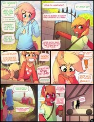 applejack_(mlp) big_macintosh_(mlp) blush butterscotch_(hoodie) clothed clothing comic cum cum_on_clothing dialogue equine fan_character femboy friendship_is_magic girly hair hoodie hoodie_(artist) male mammal my_little_pony shirt shorts straight_hair sweater yaoi