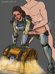 armor ass bent_over big_ass blush boots brown_hair clothed_female_nude_male dark-skinned_female dark_skin duo female footwear fortnite gloves grey_background highres human interracial lipstick looking_back male motion_lines pants_down pants_pull red_lipstick sex simple_background smile solo_focus standing_sex steelsight straight sweat thrusting torso_grab treasure_chest unseen_male_face vaginal_penetration vambraces wrongnhoka