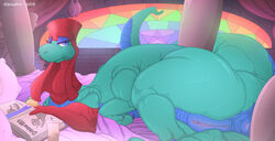 albinoart anthro_only ass bed blazing book claws digital_media_(artwork) dragon female feral fire game_(disambiguation) paws presenting princess princess_flame pussy royalty scalie scalie_only taur