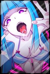 1girls against_glass blue_hair breasts drooling female female_only heart-shaped_pupils litsvn long_hair looking_at_viewer me!me!me! meme_(me!me!me!) open_mouth saliva striped_bikini tongue tongue_out