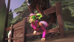 1girls 3d all_fours animated clothed clothed_sex female fortnite horse miniskirt open_clothes source_filmmaker vicesfm zoey_(fortnite) zoophilia