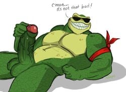 aji_arts ajiapo amphibian balls battletoads biceps big_pecs eyewear grin male male_only muscular nude pecs precum rash_(battletoads) smile solo sunglasses toad video_games