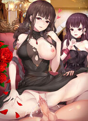 2girls beluga_dolphin black_hair breasts brown_eyes clitoris clothed_sex couch cum cum_in_pussy dress dsr-50_(girls'_frontline) flower girls'_frontline heart highres jewelry multiple_girls no_panties one_breast_out penis ring rose sex spread_legs tears torn_clothes torn_dress uncensored vaginal_penetration wa2000_(girls'_frontline)