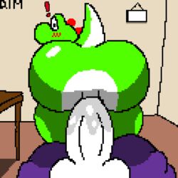 1:1 anthro ass balls big_balls big_butt big_penis blush cowgirl_position dinosaur dronemillion duo genitals green_body green_skin humanoid looking_back male male/male mario_(series) nintendo on_bottom on_top penis pixel_art purple_body purple_skin reptile riding scalie sex video_games yoshi