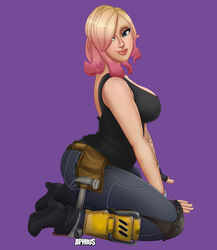 aphius arm_tattoo artist_name ass belt big_lips blonde_hair breasts clothed constructor_penny female female_only fingerless_gloves footwear fortnite fortnite:_save_the_world full_body gloves gradient_hair hair_over_one_eye half-closed_eyes hammer high_heel_boots high_heels highres huge_ass huge_breasts human jeans kneeling large_breasts pants penny_(fortnite) pink_hair purple_background side_view sideboob smile solo tank_top tattoo tool_belt tools two_tone_hair