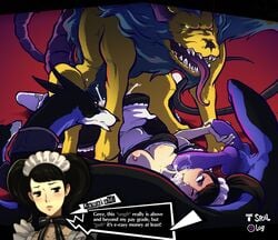 1girls 2boys ahe_gao animal_genitalia areolae atlus becky_(persona) bestiality breasts canine_penis cum cum_in_mouth cum_inside dog dominant_feral dress erection fellatio female feral furry human interspecies knot large_penis maid maid_uniform male megami_tensei monster nipples oral orthrus_(megami_tensei) penis persona persona_5 sadayo_kawakami sex size_difference sparrow_(artist) straight text threesome zoophilia