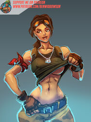 1girls abs armband belt benjamin_widdowson big_lips blue_background breasts brown_eyes brown_hair cowboy_shot dog_tags female female_only fingerless_gloves flashing fortnite front_view gloves goggles gradient_background hand_on_hip highres human long_hair looking_away navel necklace nipple_bulge pants ponytail ramirez_(fortnite) shirt shirt_lift smile solo solo_female tank_top text toned underboob undressing watermark