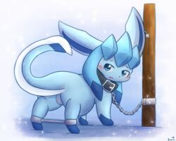 1girls 2018 all_fours ass big_ears blue_background blue_eyes blue_fur blush bondage bound chains collar cute cute_fangs ear_piercing eeveelution feet female female_only feral fur furry glaceon half-closed_eyes leash long_ears looking_at_viewer looking_back nintendo open_mouth outdoors piercing pokémon_(species) pokemon pokemon_dppt pole pussy pussy_juice rear_view restraints seductive snow solo spreader_bar tail text tongue video_games watermark wet white_fur winter zaaru