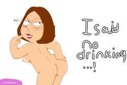 1girls 2d brown_hair drunk family_guy female female_only glasses human human_female human_only jordanism lipstick looking_back meg_griffin naked naughty_face sideboob solo tan_lines text