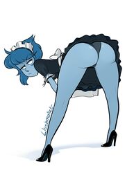 1girls ass black_panties blushmallet cartoon_network colored_skin female female_only gem_(species) half-closed_eyes high_heels lapis_lazuli_(steven_universe) looking_at_viewer looking_back maid maid_uniform panties pinup presenting_hindquarters rear_view simple_background solo steven_universe thong white_background wide_stance