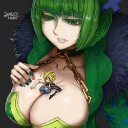 2girls between_breasts blonde_hair brandish_mew breasts cleavage dimaria_yesta fairy_tail female_only fully_clothed giantess green_hair huge_breasts large_breasts pointy_chin size_difference thegoldensmurf