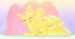 anthro black_eyes breasts equine female fluttershy_(mlp) friendship_is_magic front_view fur hair half-closed_eyes horse lying mammal musikalgenius my_little_pony nipples no_pupils nude on_side orange_nipples pink_hair pony pussy smile solo straight_hair wide_hips yellow_fur