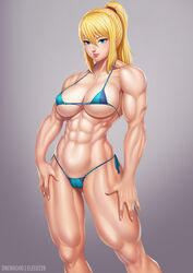 abs absurdres bikini blonde_hair breasts cameltoe cleavage female female_only highres looking_at_viewer metroid muscles muscular muscular_female nintendo onewasho samus_aran solo