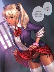 1boy alley ball_bulge balls balls_in_panties balls_under_clothes black_panties blonde_hair blush bulge crossdressing dark-skinned_femboy dark-skinned_male dark_skin erection erection_in_panties erection_under_clothes erection_under_skirt femboy feminine_male ganguro green_eyes gyaru hair_ornament hair_scrunchie hard_translated heart kogal lips male male_focus male_only nail_polish otokonoko panties panty_bulge penis penis_bulge penis_in_panties penis_under_clothes penis_under_skirt plaid_skirt pocky school_uniform scrunchie side-tie_panties skindentation skirt skirt_lift small_balls small_penis solo spoken_heart tenting testicle_bulge text thighhighs translated trap twintails underwear white_legwear wrist_scrunchie yapo_(croquis_side)