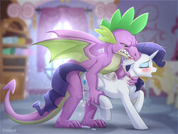 2018 anthro anthro_on_feral bite blood blush closed_eyes cutie_mark digital_media_(artwork) dragon duo ear_biting equine eyeshadow feral friendship_is_magic hair hooves horn inside krrrokozjabrra makeup male mammal my_little_pony open_mouth rarity_(mlp) sex spike_(mlp) teeth tongue tongue_out unicorn wings zoophilia