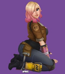 aphius artist_name ass belt big_lips blonde_hair breasts clothed constructor_penny female female_only fingerless_gloves footwear fortnite fortnite:_save_the_world full_body gloves gradient_hair hair_over_one_eye half-closed_eyes hammer high_heel_boots high_heels highres huge_ass huge_breasts human jacket jeans kneeling large_breasts pants penny_(fortnite) pink_hair purple_background side_view sideboob smile solo tank_top tool_belt tools two_tone_hair vambraces