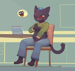 4_toes 5_fingers anthro barefoot black_fur blue_fur breasts candy_borowski_(nitw) chair chest_tuft clothed clothing computer daughter desk electronics feline female female_focus fur head_tuft jeans junyois laptop leg_tuft mae_borowski mammal masturbation mature_female mother mother_and_daughter navel night_in_the_woods one_eye_closed pants parent partially_clothed red_nose simple_background sitting slightly_chubby surprise sweat sweatdrop sweater toes tuft vaginal_masturbation vaginal_penetration webcam whiskers wink