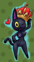 2015 animal_crossing anthro biped black_body black_eyes black_nose black_pussy black_tail blush breasts clitoris clothing collaboration color_edit colored crown dotted_background edit eyelashes featureless_feet feline female front_view full-length_portrait fur furry furry_only gloves_(marking) green_background hair hand_on_hip heart kiki_(animal_crossing) long_tail looking_at_viewer mammal markings medium_breasts nintendo nipples nude one_eye_closed open_mouth open_smile outline pattern_background pink_tongue portrait praiz purple_nipples pussy raised_arm simple_background smile socks_(marking) solo soubriquetrouge standing striped_tail stripes tail tongue video_games wink yellow_sclera