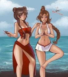 2girls amber_eyes avatar_the_last_airbender bandeau bandeau_bikini bare_shoulders barefoot beach choker cleavage feet female female_focus female_only foot_on_leg goth goth_girl gothic grey_eyes knives krystledraws long_hair mai_(avatar) necklace noblewoman outdoors pose posing shuriken skirt smile standing_on_one_leg swept_bangs swimsuit tied_hair ty_lee water weapon weapons wide_sleeves