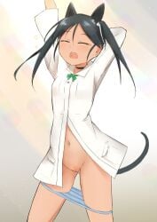 1girl absurdres animal_ears ass_visible_through_thighs black_choker black_hair blue_panties blush bow bowtie cat_ears cat_girl cat_tail choker closed_eyes collared_shirt commentary_request double-parted_bangs dress_shirt fang feet_out_of_frame francesca_lucchini gradient_background green_bow green_bowtie hair_between_eyes haruno_plum highres logo navel open_mouth panties partially_open_shirt pussy shirt sidelocks solo sparkle standing stomach strike_witches striped_clothes striped_panties tail tan thighs twintails uncensored underwear white_shirt world_witches_series