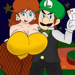 1boy 1girls ass ass_grab breasts bunnysuit cards casino cleavage curvydoodles female fishnet_legwear fishnet_stockings fishnets huge_breasts luigi luigi_(picture_poker) male mario_(series) new_super_mario_bros. nintendo orange_bunnysuit picture_poker princess_daisy super_mario_64_ds thick thick_thighs