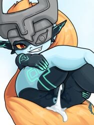 absurd_res anus armor black_body blue_anus blue_background blue_body blue_markings bodily_fluids cum cum_in_vagina cum_inside eyelashes female genital_fluids genitals hair headgear helmet hi_res humanoid humanoid_pointy_ears imp imp_midna leaking_cum long_hair looking_at_viewer markings midna nintendo nude one_eye_obstructed orange_hair orange_sclera pointy_ears ponytail red_eyes shortstack simple_background solo the_legend_of_zelda thick_thighs twili twilight_princess vulva wide_hips yawlyawl090