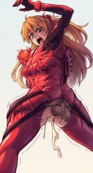1boy 1girls absurdres balls blue_eyes bodysuit clinging crotchless crotchless_bodysuit cum cum_overflow female highres long_hair male mecha_pilot_suit neon_genesis_evangelion open_mouth orange_hair plugsuit_(evangelion) rape red_bodysuit sex sex_from_behind shared_clothes souryuu_asuka_langley straight testicles ttf