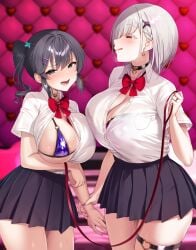 2girls bikini black_choker black_hair blue_bikini blue_eyes blush bow bowtie bra bra_visible_through_clothes breasts choker cleavage collar earrings female genderswap_(mtf) grabbing_another's_arm hair_ornament heart heart_earrings highres holding holding_another's_wrist holding_leash hug huge_breasts jewelry large_breasts latex latex_bra leash long_hair medium_hair multiple_girls natsume_kaoru open_mouth original oshimizu_seren otome_ginsei_lumiphonia pink_bra pink_nails pleated_skirt purple_nails pussy pussy_juice red_bow red_bowtie red_eyes ring rule_63 satin satin_bra satou_kuuki school_uniform shirt side_ponytail skirt smile star_(symbol) star_hair_ornament sweat swimsuit tearing_up thigh_strap underwear white_hair white_shirt