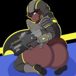 absurd_res anthro armor ass big_butt bird_dog blue_eyes boots brown_body brown_fur brown_hair canid canine canis cape clothing domestic_dog felestell footwear fur gun hair headgear helldivers helmet hi_res huge_butt hunting_dog labrador legwear mammal military multicolored_eyes ranged_weapon retriever shoes sitting tagme thigh_highs two_tone_eyes weapon yellow_eyes