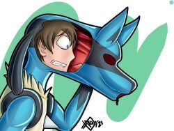 anthro black_body black_bodysuit black_clothing black_latex black_skinsuit blue_body blue_bodysuit blue_clothing blue_latex blue_skinsuit bodysuit brown_hair clothing dildo_in_mouth eyewear forced forced_transformation generation_4_pokemon genitals goo_transformation hair human human_to_anthro latex latex_clothing latex_skinsuit latex_transformation lucario male mammal mask mask_transformation nintendo oral oral_penetration penetration penis pokemon pokemon_(species) red_latex red_penis sex_toy sex_toy_in_mouth sex_toy_insertion skinsuit solo species_transformation tight_clothing transformation wearing_mask xyveon yellow_body yellow_bodysuit yellow_clothing yellow_skinsuit