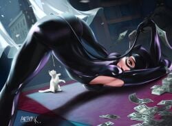 2d 2d_(artwork) armpits batman_(series) cat_ears catsuit catwoman dc dc_comics female female_focus female_only femme_fatale green_eyes jack-o_pose light-skinned_female light_skin money ogoom pale-skinned_female pale_skin selina_kyle smile smiling spread_legs spreading voluptuous voluptuous_female whip