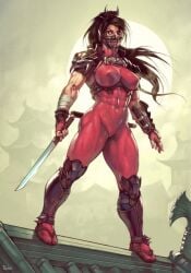 abs armor bandaged_arm bandages breasts brown_hair female full_moon large_breasts long_hair moon mouth_mask muscular muscular_female ninja ponytail solo standing sword thick_thighs weapon