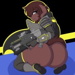 absurd_res anthro armor ass big_butt bird_dog blue_eyes boots brown_body brown_fur brown_hair canid canine canis cape clothing domestic_dog felestell footwear fur gun hair helldivers hi_res huge_butt hunting_dog labrador legwear mammal military multicolored_eyes ranged_weapon retriever shoes sitting tagme thigh_highs two_tone_eyes weapon yellow_eyes