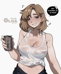1girls big_breasts blonde_hair breasts can cleavage clothing crop_top female female_only green_eyes limbus_company ny_000a olga_(library_of_ruina) olga_(project_moon) project_moon see-through see-through_clothing short_hair sweat turquoise_eyes wet