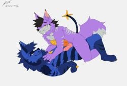 anthro canid canine chest_spike clothing duo fox fur generation_4_pokemon genitals hand_spike hybrid lucario luxray lying male male/male mammal michelle_(grenoshi) nintendo nude on_back on_front penis pinned pinned_to_ground pokemon pokemon_(species) seph_(grenoshi) size_difference smile smiling_at_another spicyphol spikes spikes_(anatomy) touching_penis