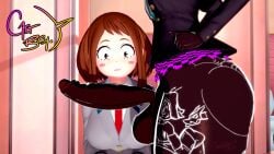1boy 3d artist_signature ass balls bathroom bathroom_stall black_blazer brown_hair checkered_skirt cock_shock female girly gradient_text grey_blazer large_balls large_penis large_testicles male my_hero_academia ochako_uraraka original_character painted_fingernails painted_nails penis red_tie school_uniform schoolgirl sheeple3d shocked_expression shocked_eyes short_hair small_pupils tattoo testicles thick thick_ass thick_thighs very_long_penis