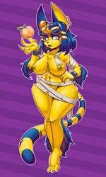 1girls 2018 abs animal_crossing ankha anthro areolae big_breasts blue_eyes blue_hair blue_lips blue_markings blue_nose breasts chains chest_tuft claws clothed clothing ear_piercing egyptian eyelashes facial_markings feline female female_only food fruit fur furry furry_only hair hand_on_hip headdress hips holding_object jewelry lipstick makeup mammal markings midriff mostly_nude multicolored_tail navel nintendo nipples pattern_background peach_(fruit) piercing pointy_ears purple_background simple_background solo striped_tail tail teckworks thick_thighs thighs tuft voluptuous wide_hips wrappings yellow_fur yellow_nipples