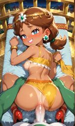 ai_generated anal_sex blue_eyes brown_hair earings gallade harem_outfit harem_pants head_jewelry high_heels lipstick looking_at_viewer mario_(series) mario_kart mario_kart_world nintendo oasis_girl oriental pokemon pokemon_(species) pov_male princess_daisy princess_daisy_(oasis) smiling super_mario_land tan_body tan_skin